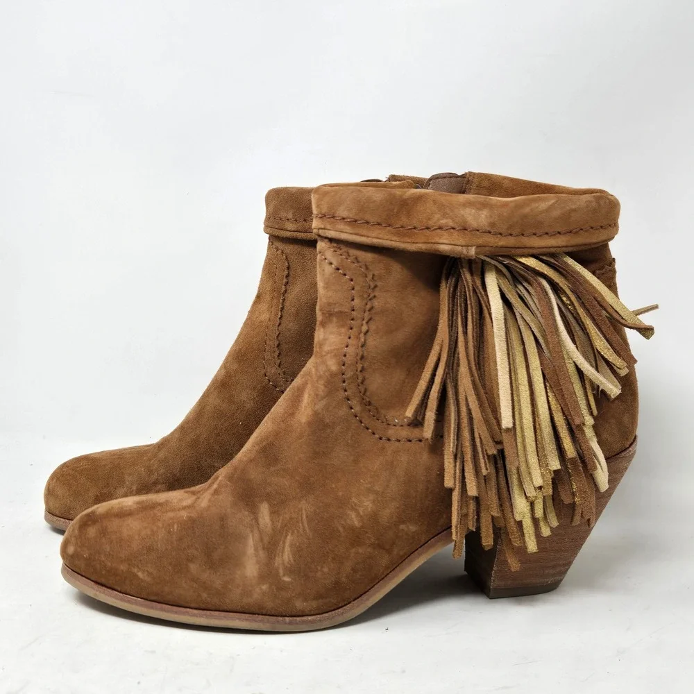 Sam Edelman Louie Cognac‎ Brown Suede Fringe Ankle Boots Gold Metallic Accents 9